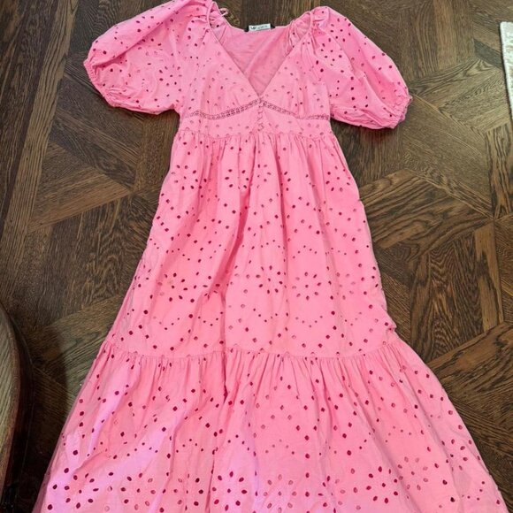 ZARA Pink Puff sleeve embroidery DRESS WITH CUTWORK V-NECK with ruffle hem Size - Picture 1 of 6